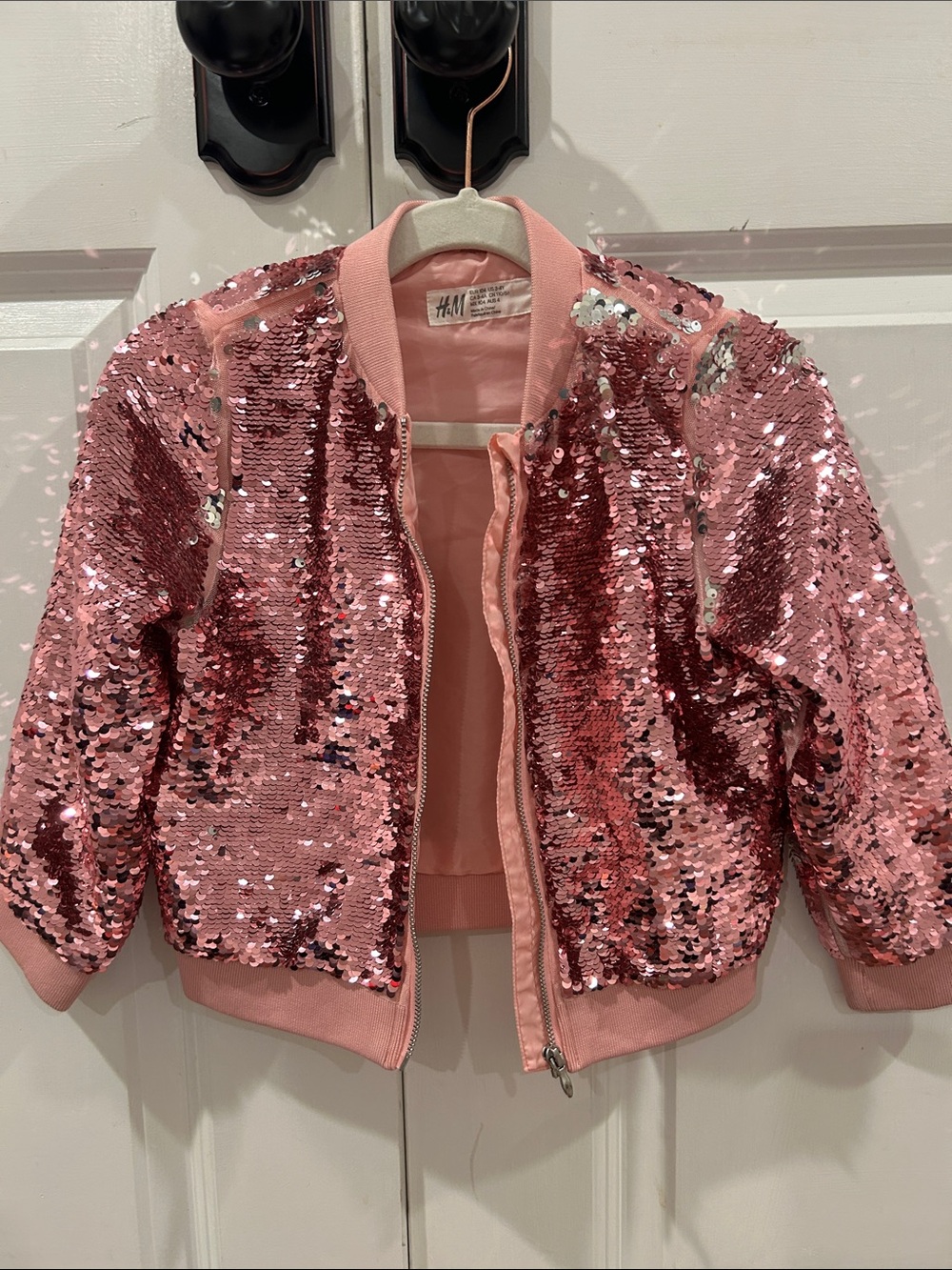 H&M Pink Sequin Bomber Jacket with Rib Trim